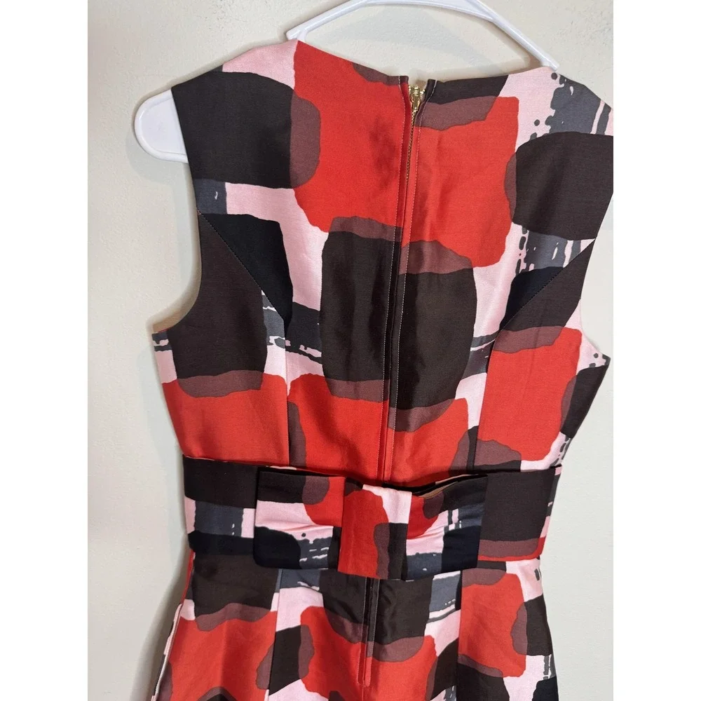 Kate Spade Dress Womens 2‎ Pink Red Black Sleeveless Fit Flare Abstract Silk Bow